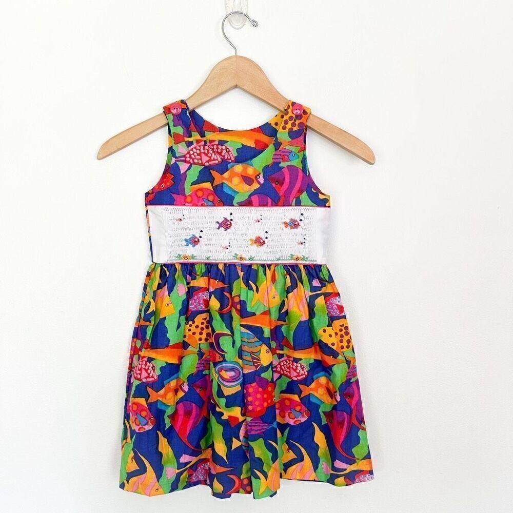 Kids SEE MEASUREMENTS Smocked Art to Wear Abstract Tropical Fish Ecosystem Wide
